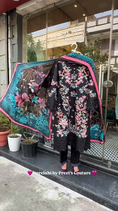 Black with Pink 3Pcs Embroidery Suit