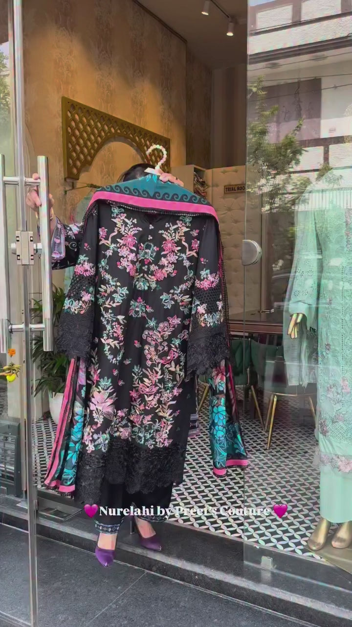 Black with Pink 3Pcs Embroidery Suit