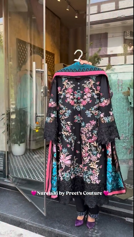 Black with Pink 3Pcs Embroidery Suit