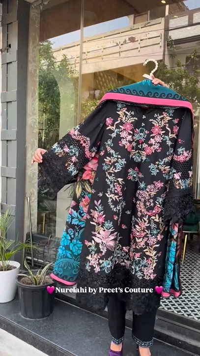 Black with Pink 3Pcs Embroidery Suit